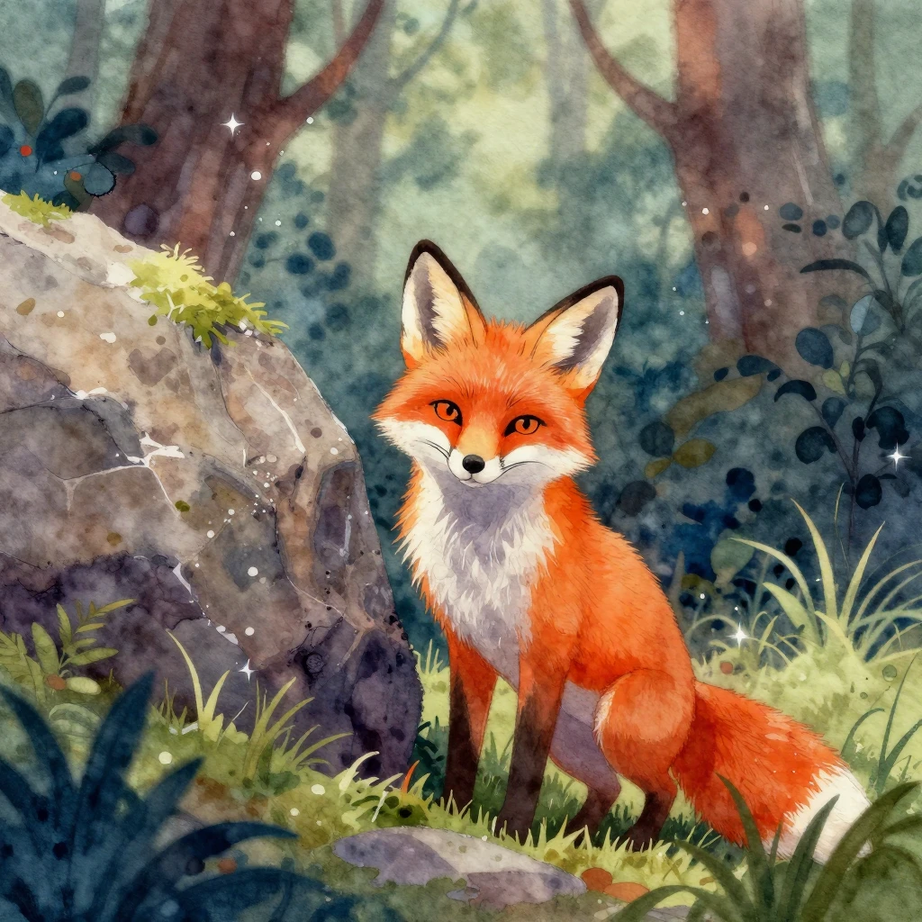 Watercolor style fox peeking from behind a large rock in a m...