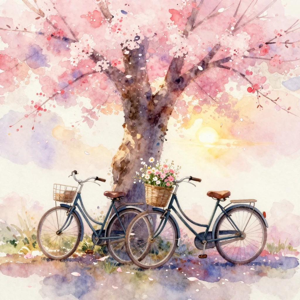 A soft watercolor painting of two vintage bicycles leaning a...