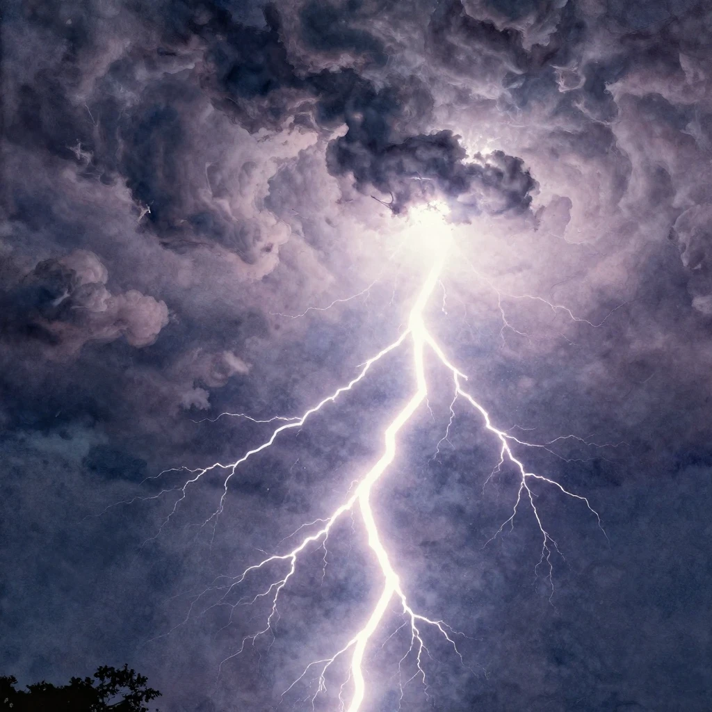 Vibrant watercolor style. A majestic and powerful lightning ...