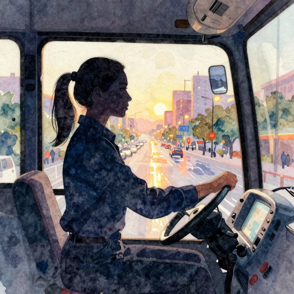 A powerful silhouette of a female bus driver confidently gri...