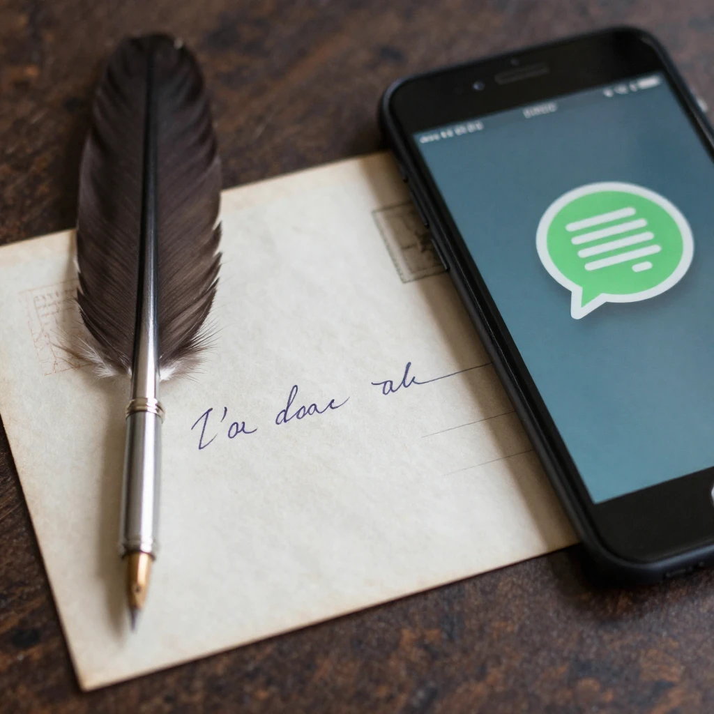 A vintage postcard with a handwritten letter and a quill pen...