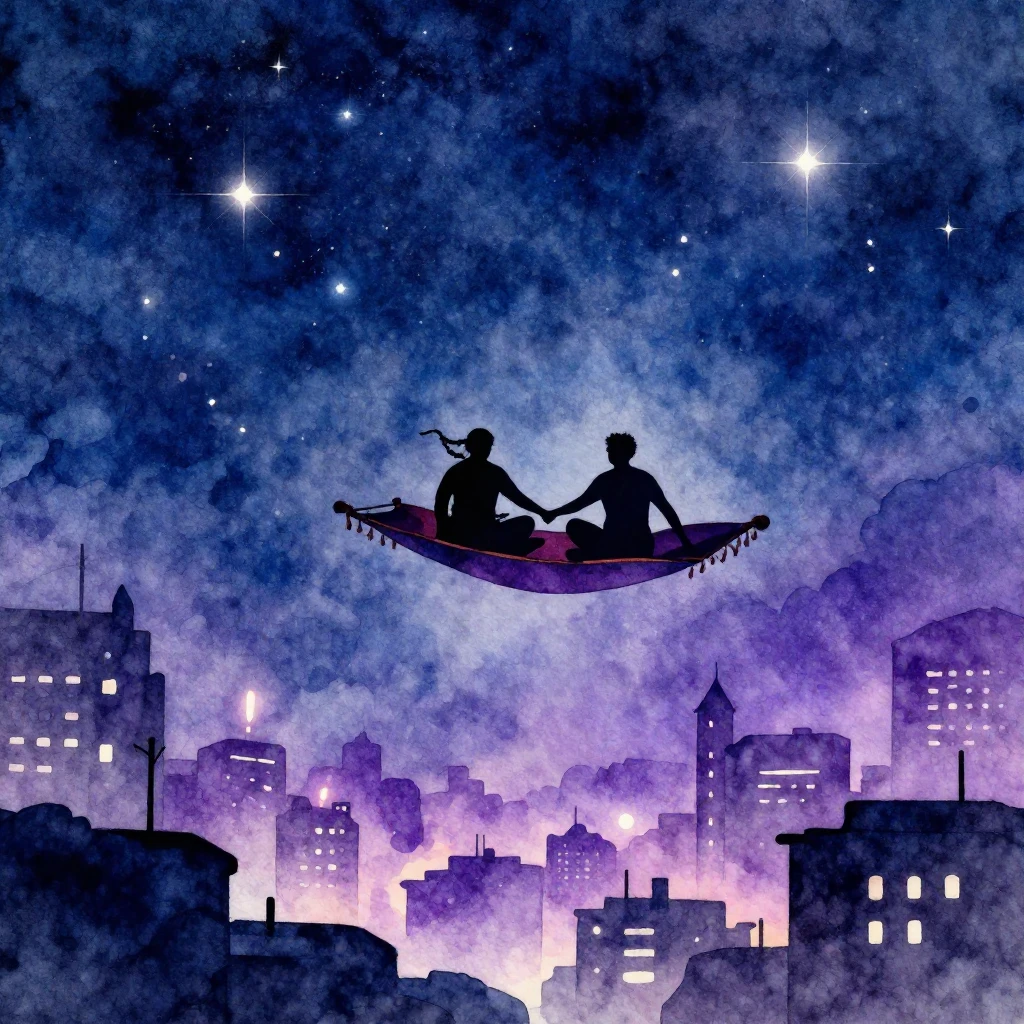 Watercolor style. A silhouette of two figures on a flying ca...