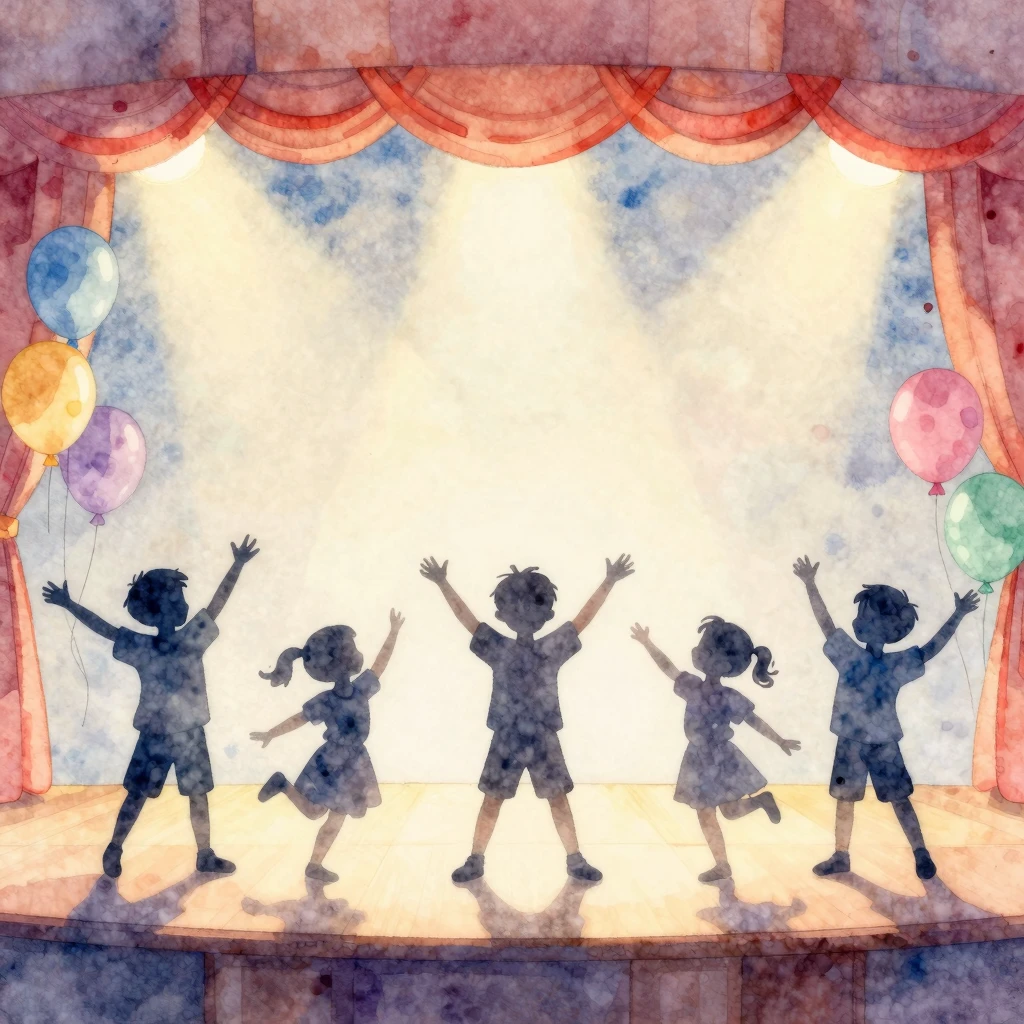 Watercolor style. Silhouettes of little boys dancing joyfull...