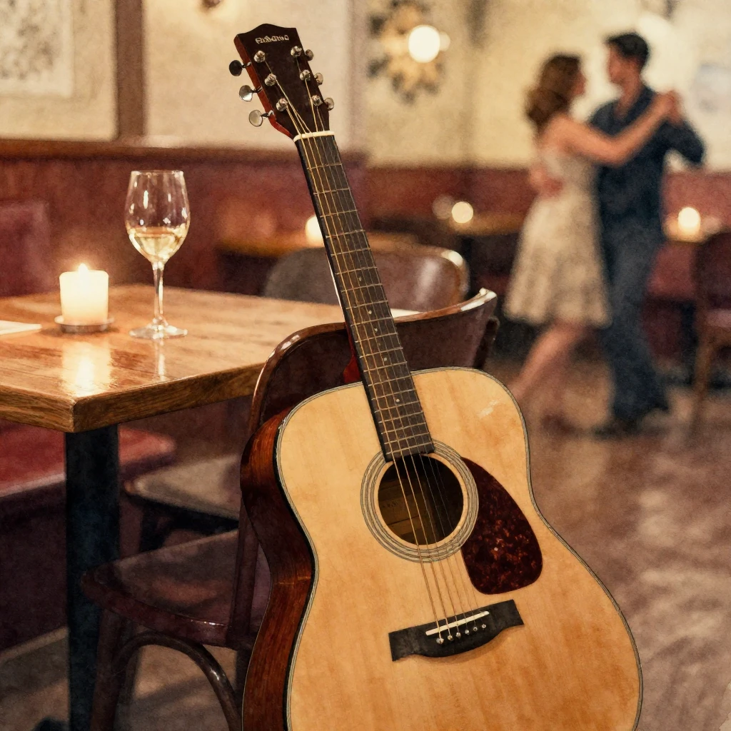 A close-up of an acoustic guitar leaning against a chair in ...