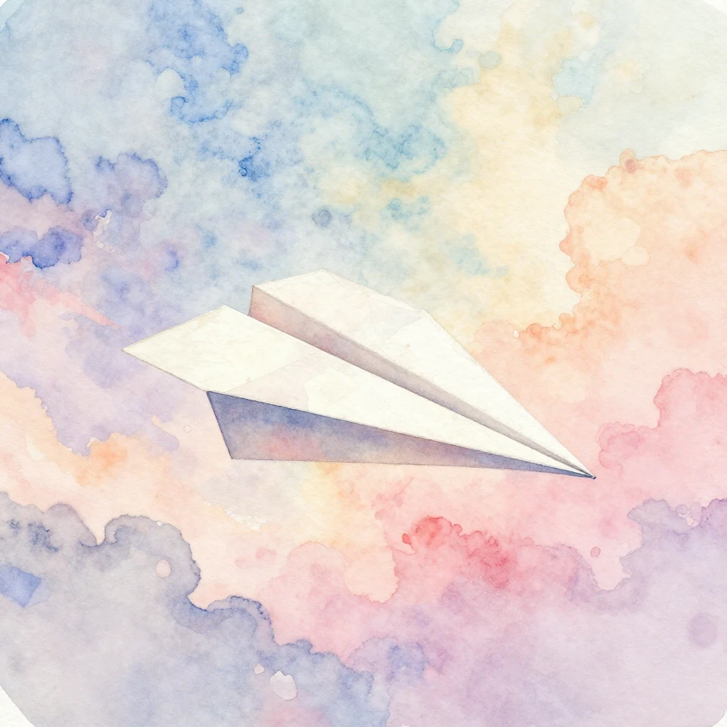 A delicate paper plane in watercolor style, mid-flight again...