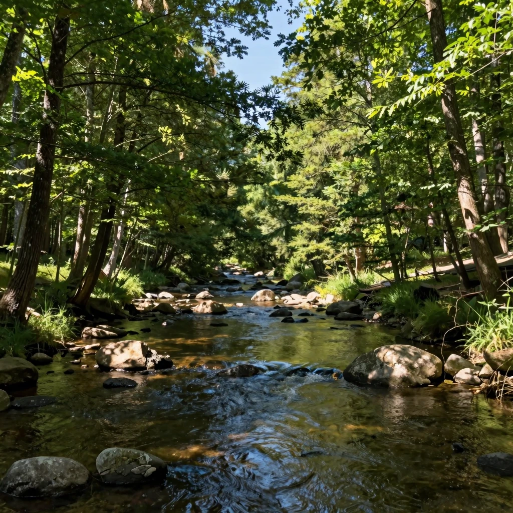 A serene landscape featuring a calm forest with dappled sunl...