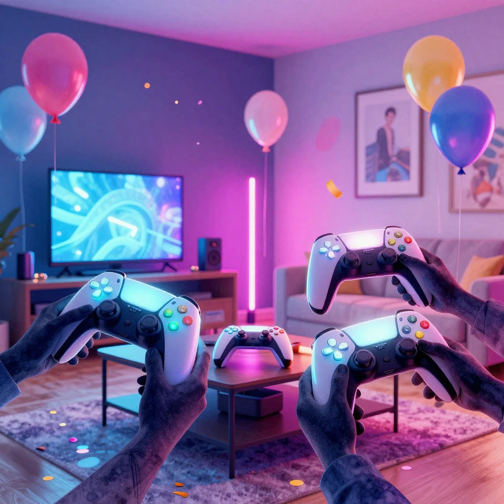 A cozy room with glowing gamepads on a coffee table, vibrant...
