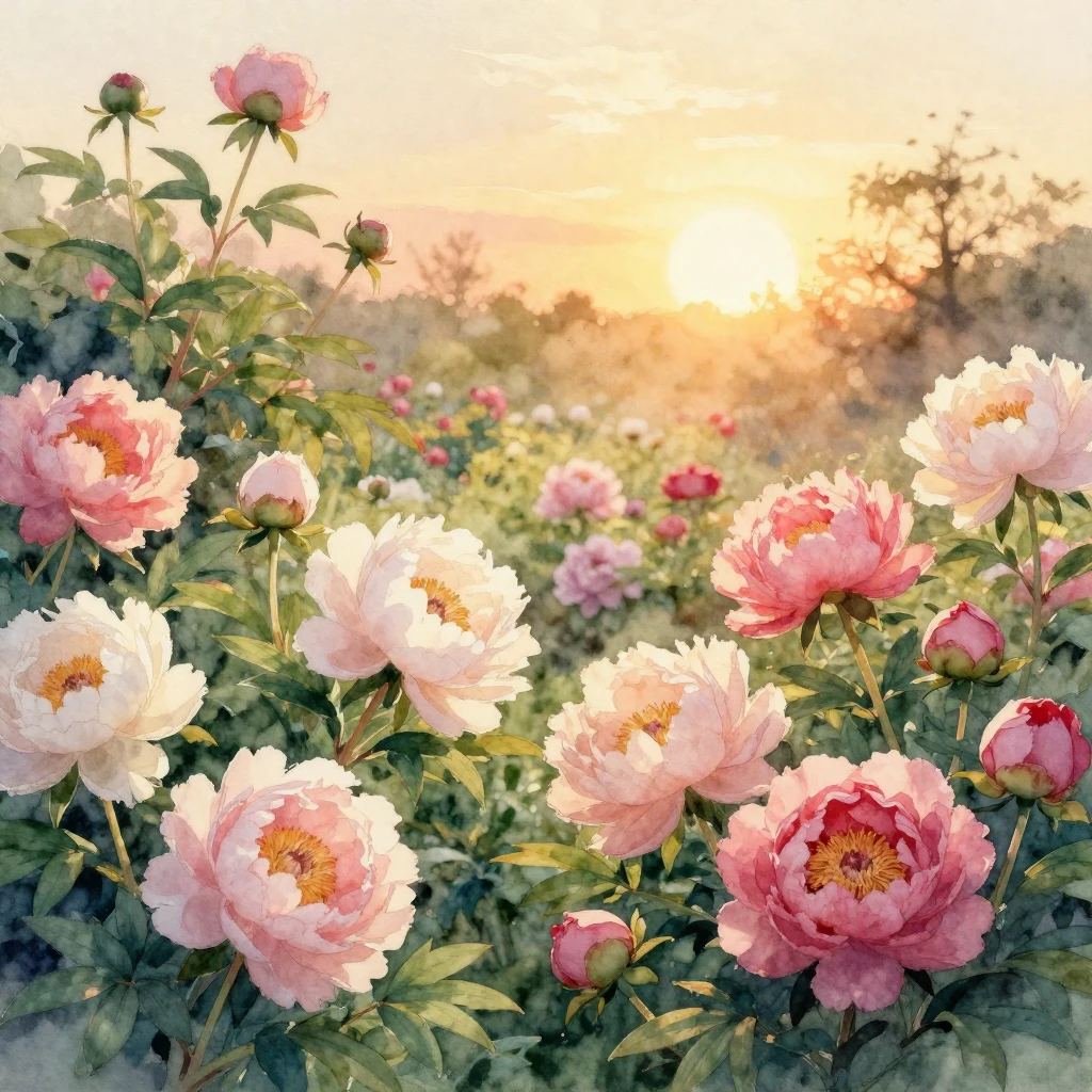 A watercolor painting depicting a lush garden overflowing wi...