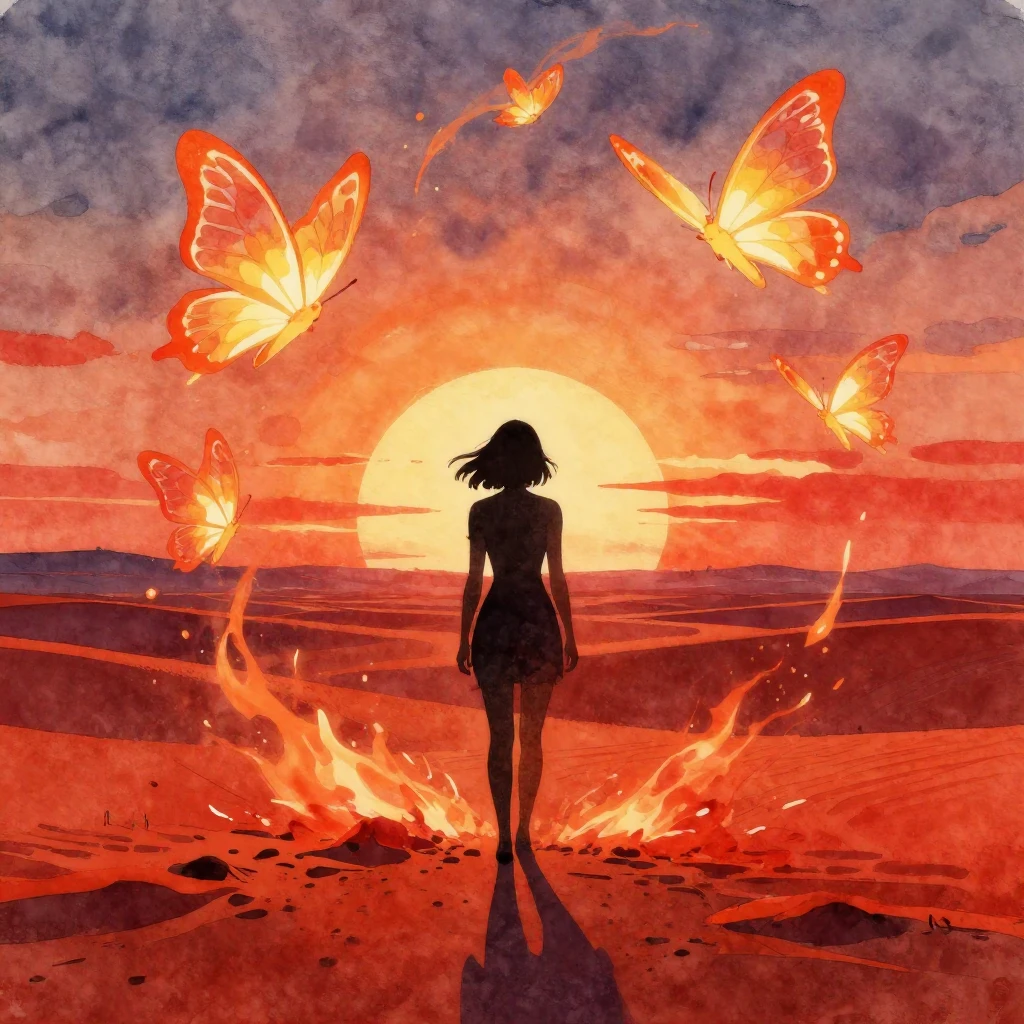 A lone silhouette of a woman, her back to the viewer, stands...