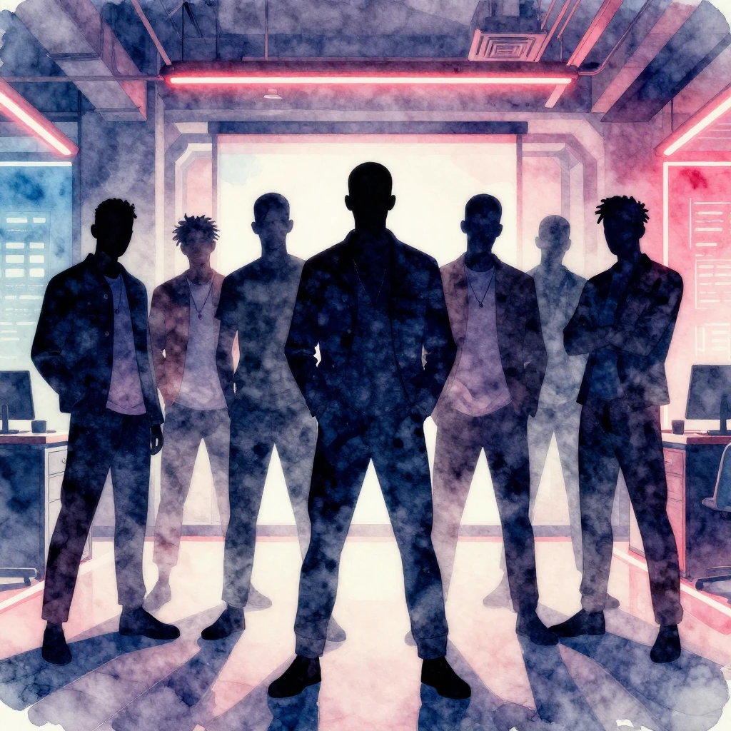 Watercolor style. A stylish silhouette of a group of men, mo...