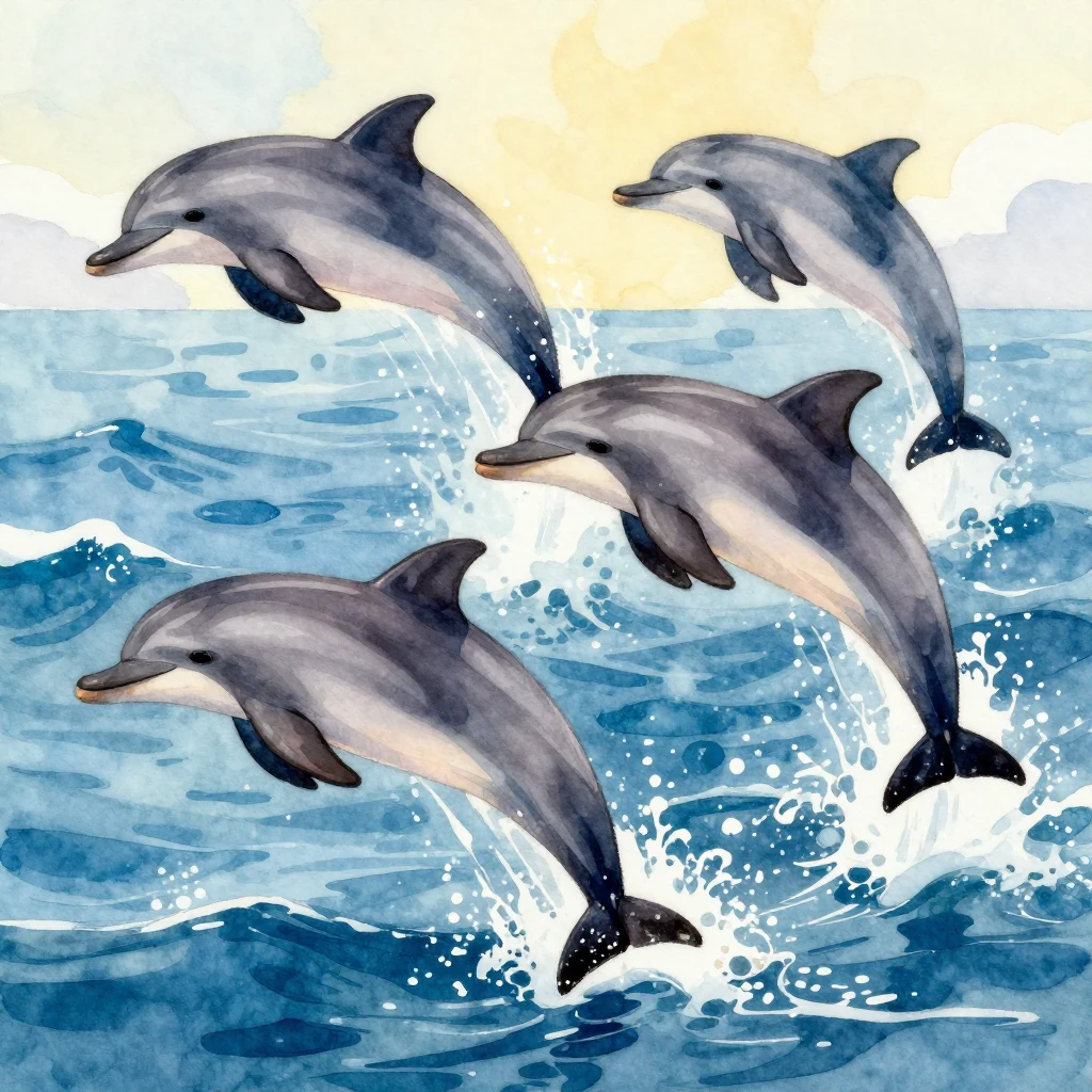 Vibrant watercolor illustration of dolphins leaping and danc...