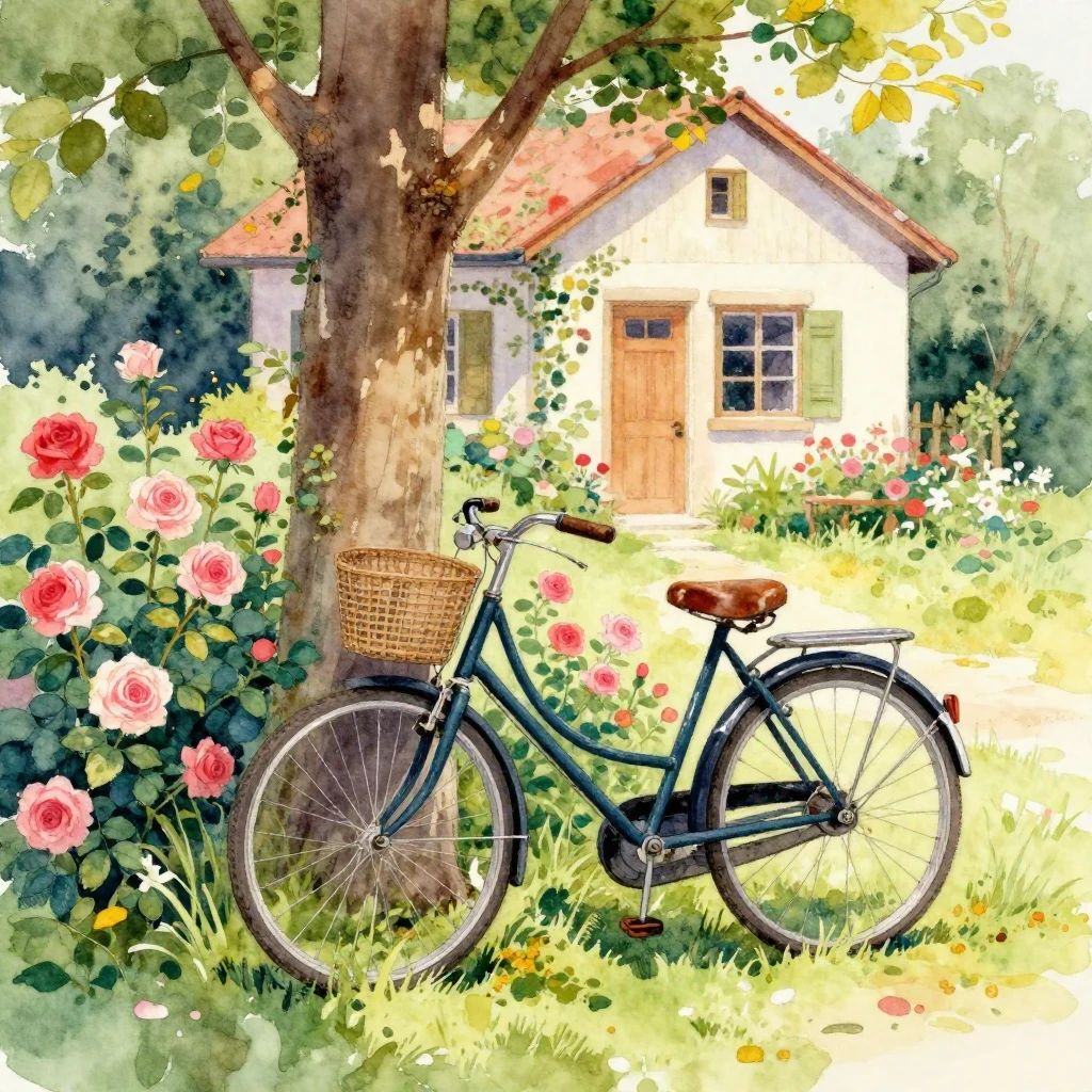 A vibrant watercolor painting featuring a vintage bicycle le...