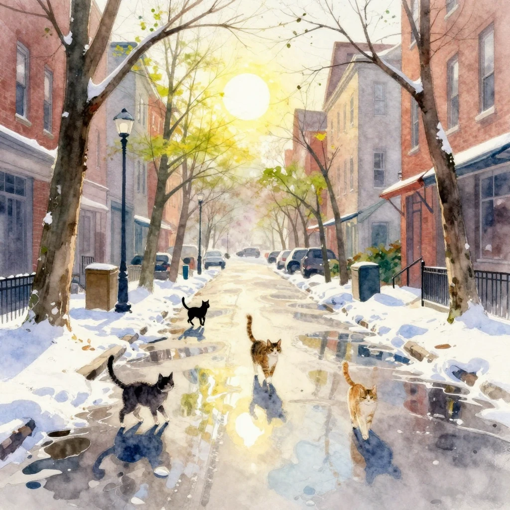 Vibrant watercolor painting of an early spring city street. ...