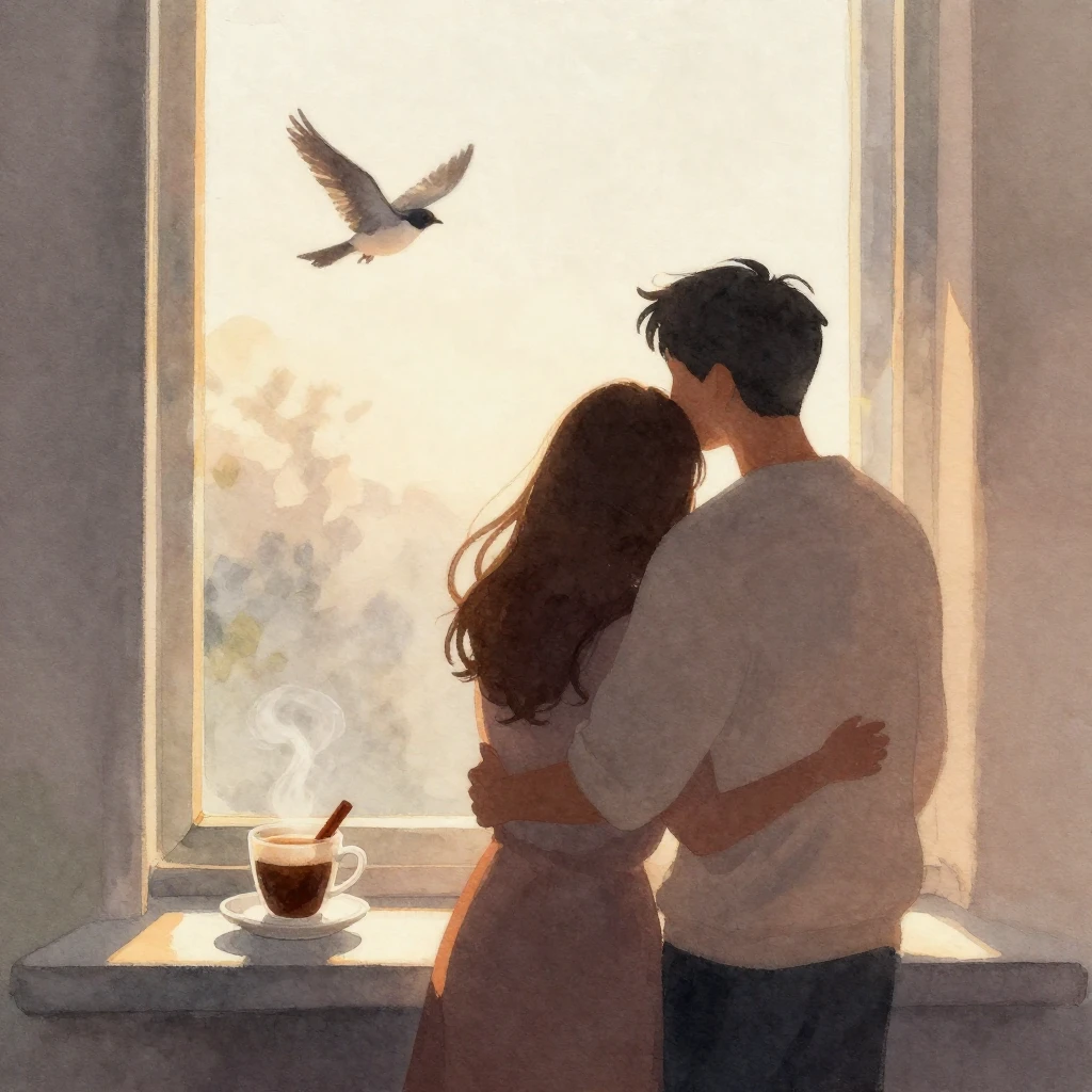 Two abstract silhouettes embracing by a window, with warm, s...