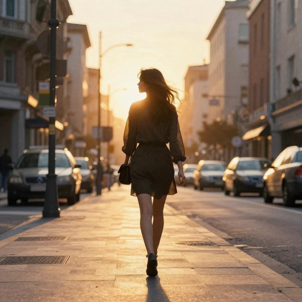 Watercolor style. Silhouette of a woman walking on a city st...