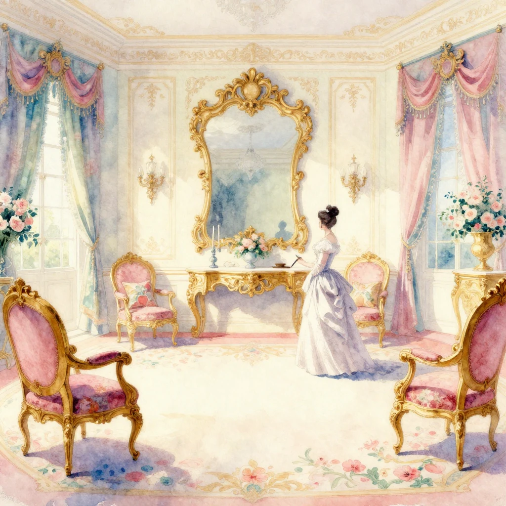 A vibrant watercolor painting in Rococo style, depicting a g...