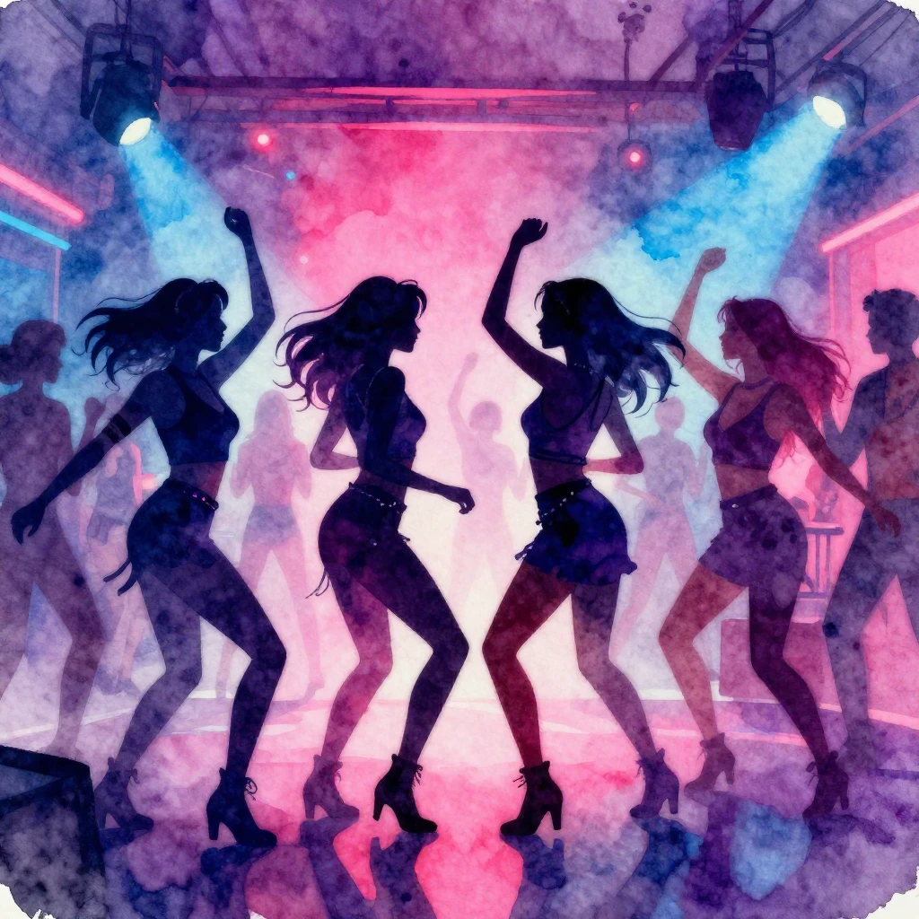 Vibrant watercolor style. Four fierce female friends, silhou...