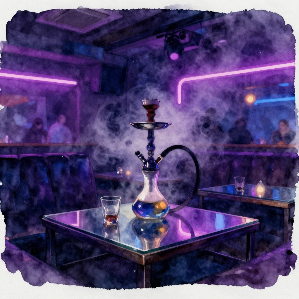 A watercolor painting depicting a dark, smoky lounge interio...