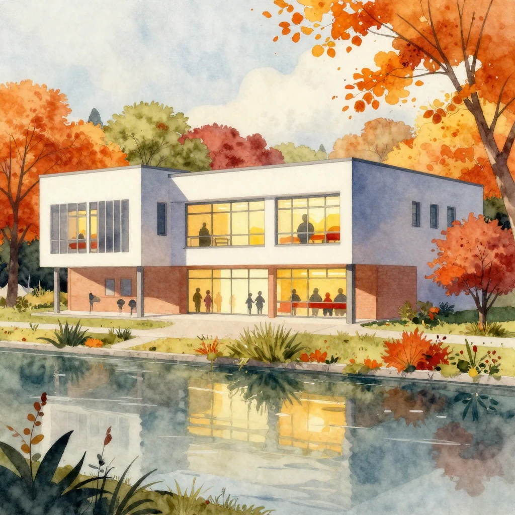 A vibrant watercolor painting of a modern school building du...