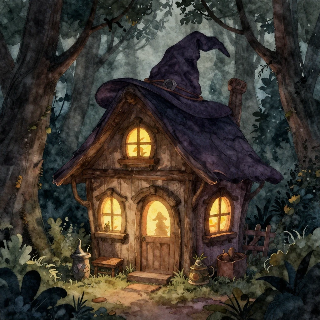 A whimsical watercolor illustration of a crooked, cozy witch...