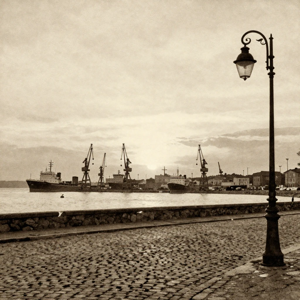 A vintage sepia-toned watercolor painting of the Odessa seap...