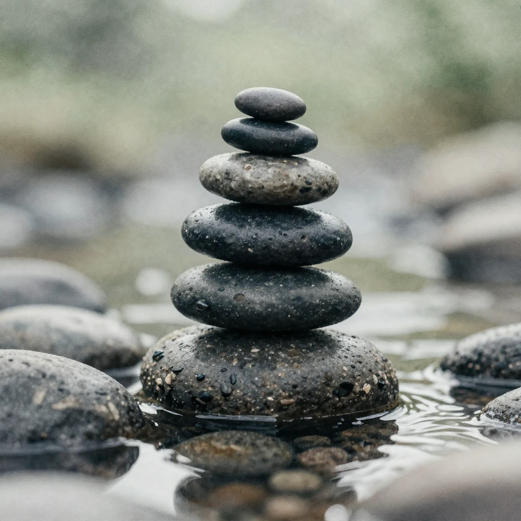 A perfectly balanced composition featuring smooth, dark rive...