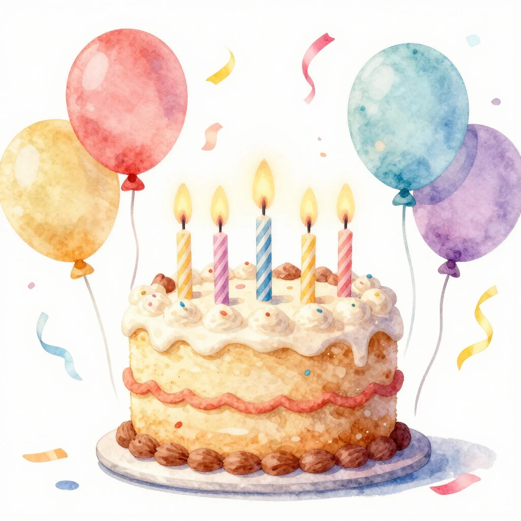 A whimsical watercolor illustration of a birthday cake with ...
