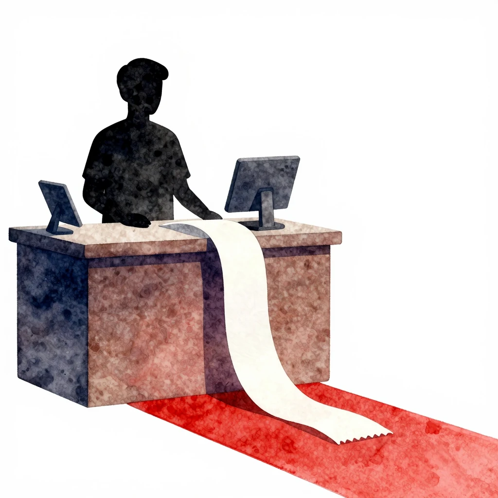 Watercolor style, minimalist silhouette of a cashier at a co...