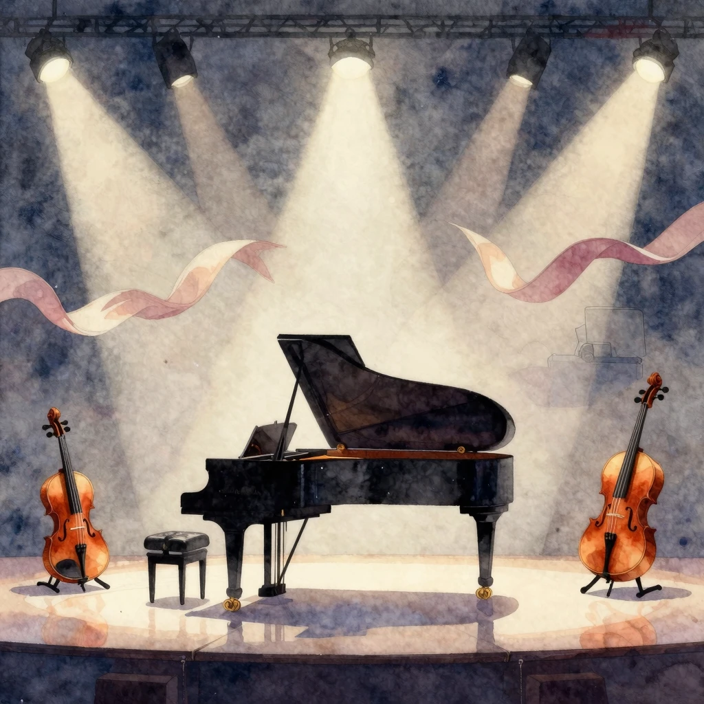 Watercolor painting of a stage scene with a grand piano silh...