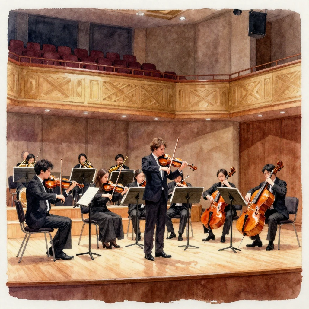 Watercolor painting of an orchestra performing on stage, wit...