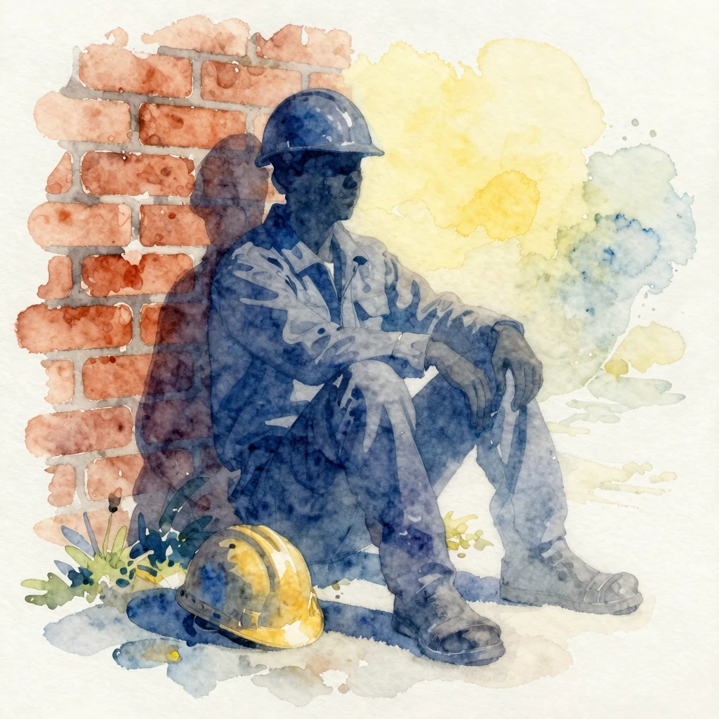 Watercolor silhouette of a construction worker resting again...