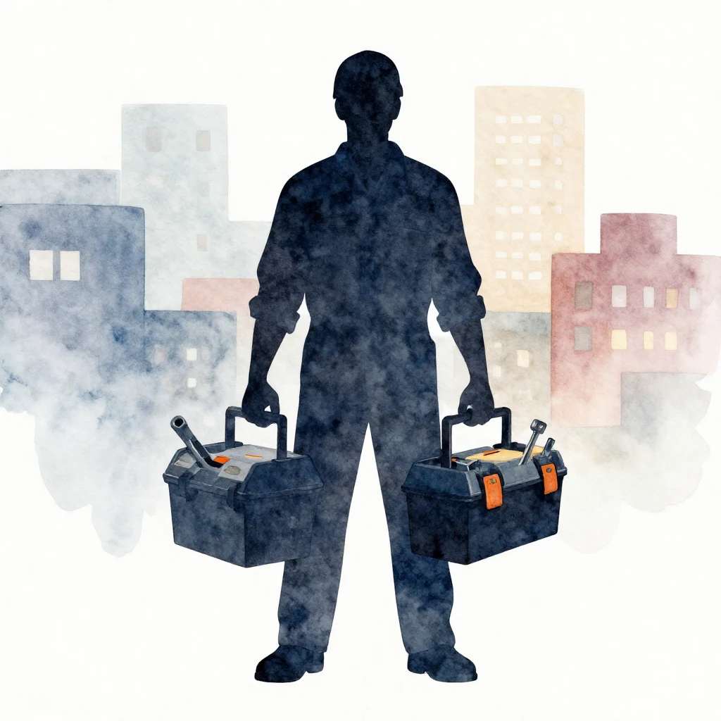 A silhouette of a handyman with a toolbox and various tools,...