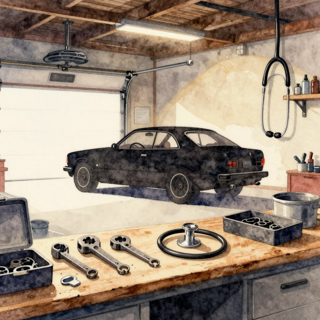 Watercolor painting of a cozy garage interior with a silhoue...