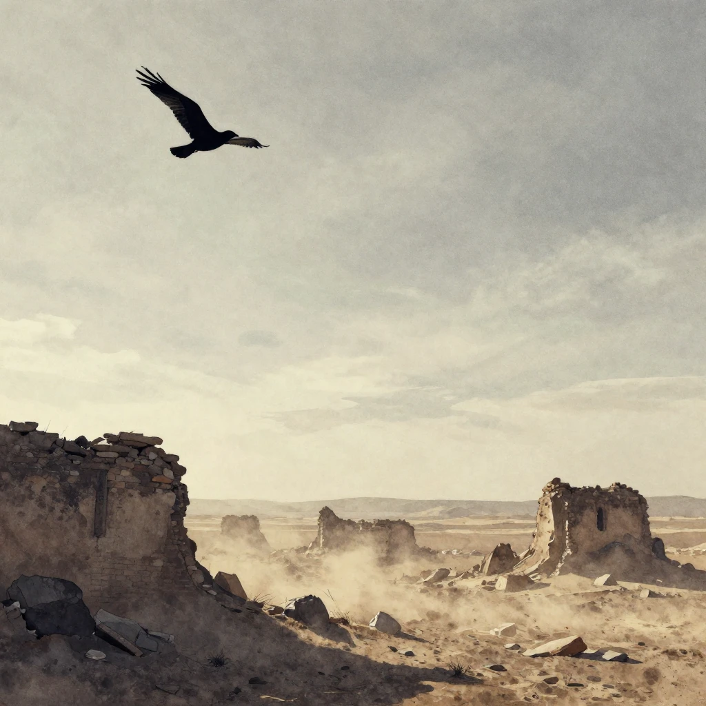 A vast, desolate landscape under a muted sky, with crumbling...