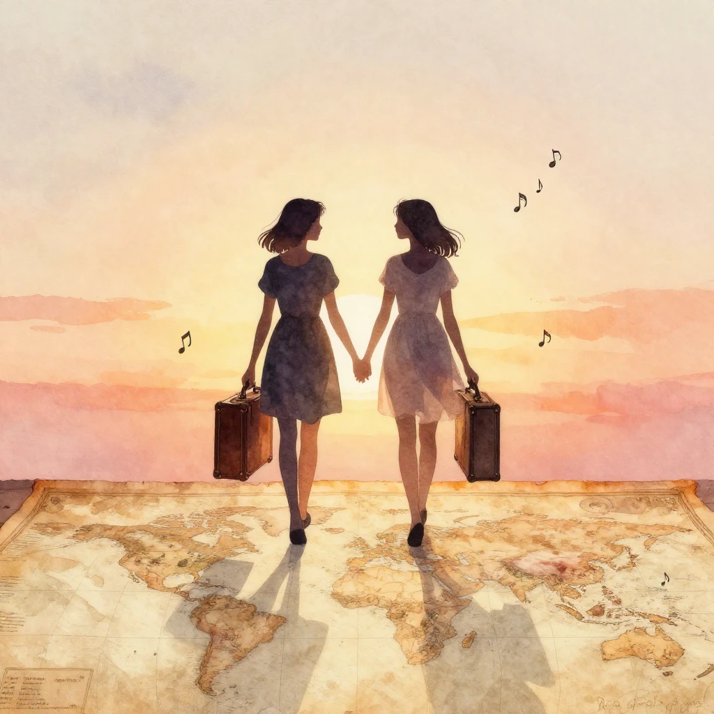 Watercolor painting of two twin sisters, depicted as elegant...