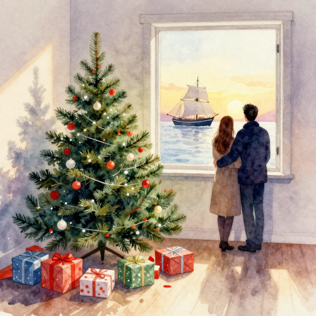 A vibrant watercolor painting of a post-holiday scene. A dis...