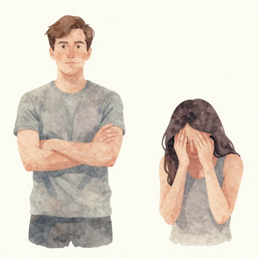 Two abstract figures, one appearing confident and the other ...