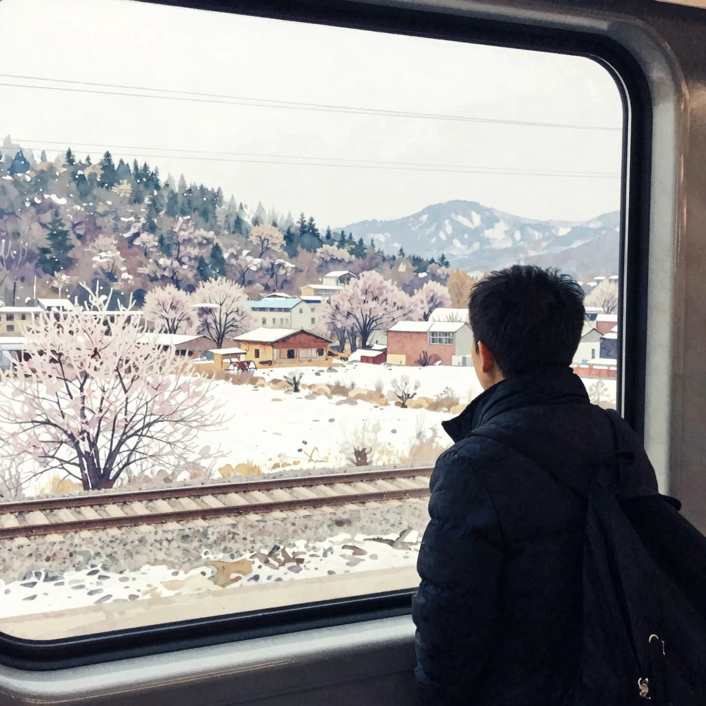 A solitary silhouette of a person on a train, looking out at...