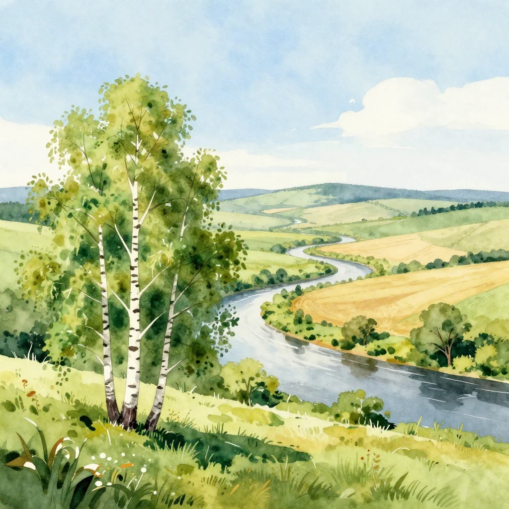 A beautiful, serene landscape of the Russian countryside, fe...