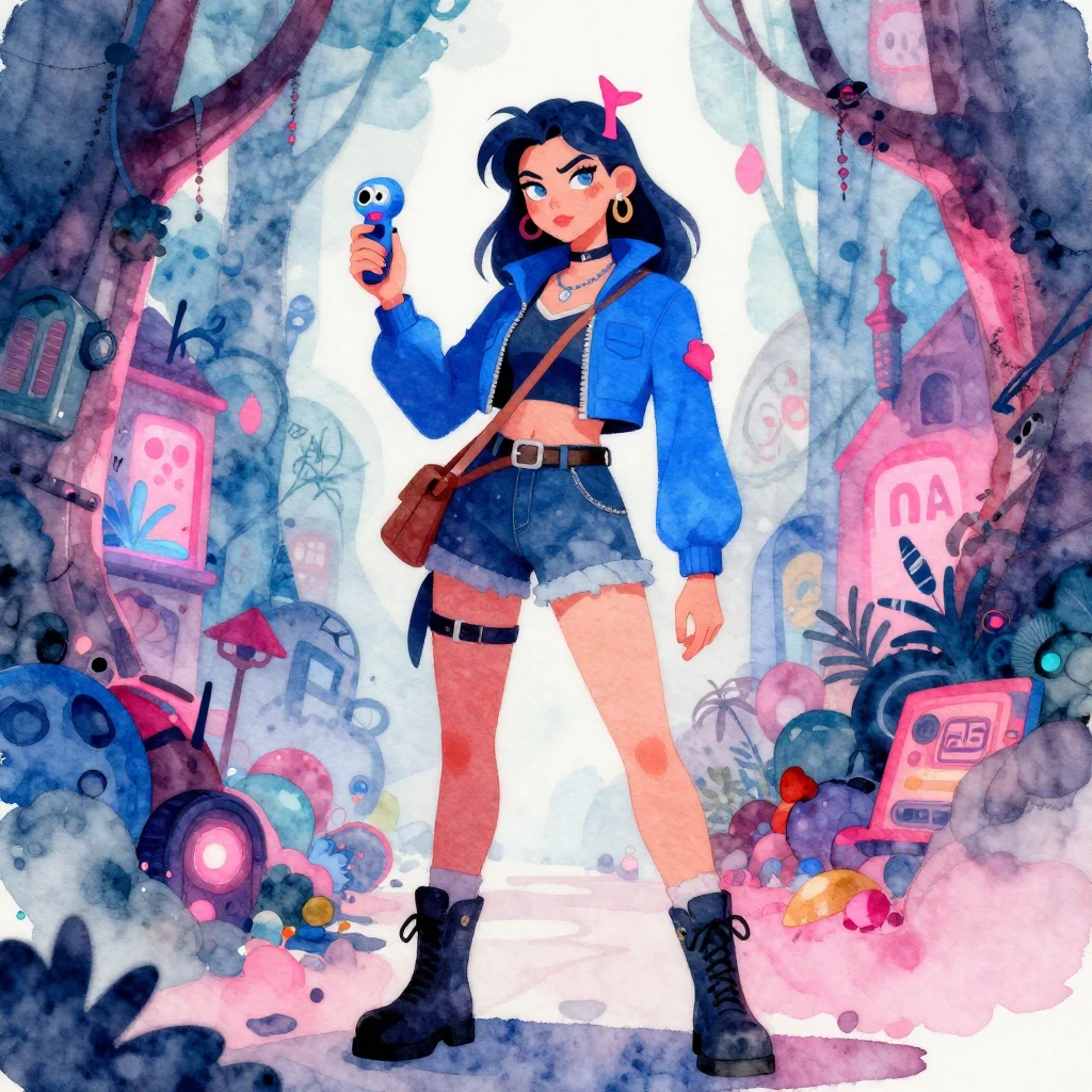 A watercolor style illustration depicting a modern, rebellio...