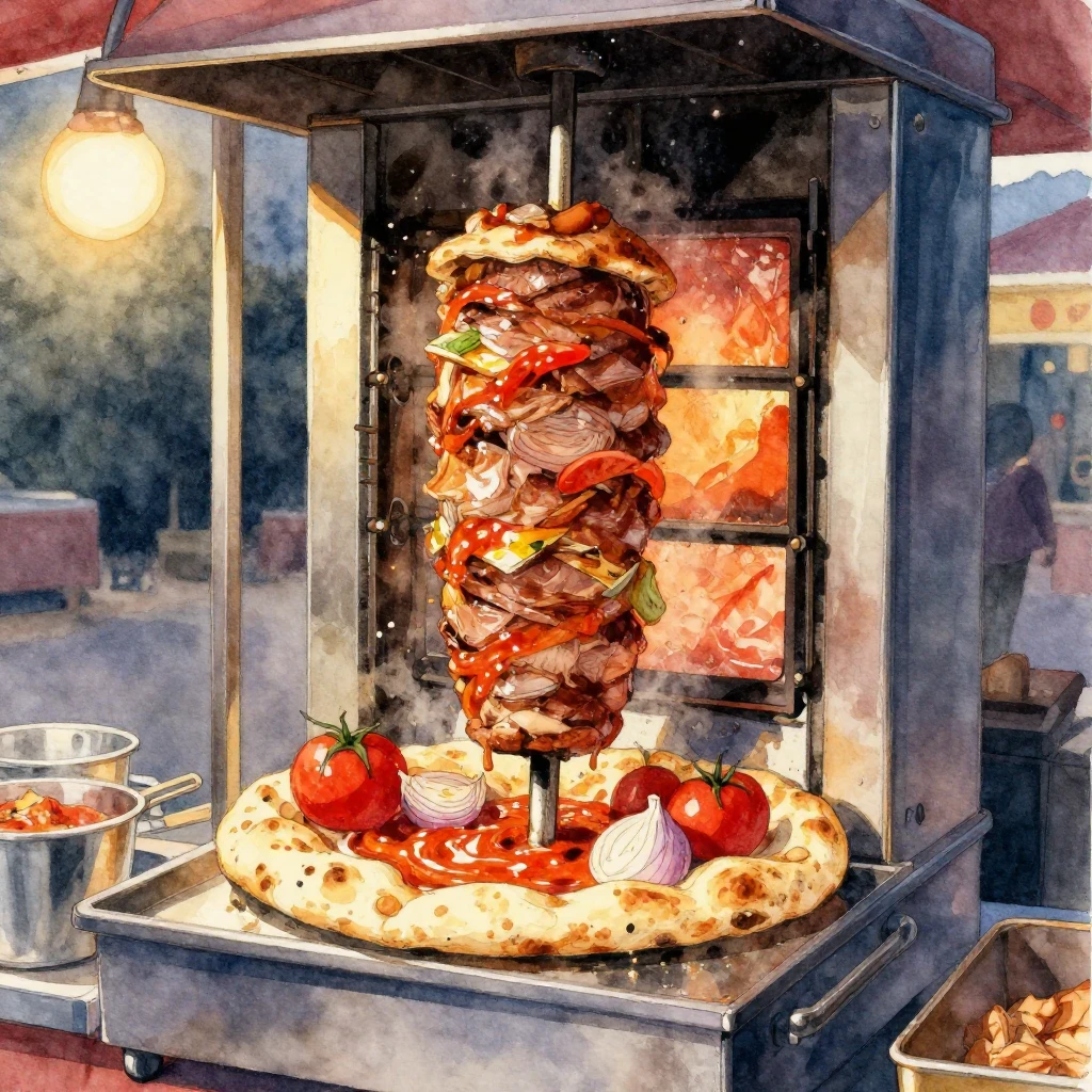 A detailed watercolor illustration of a vertical rotisserie ...