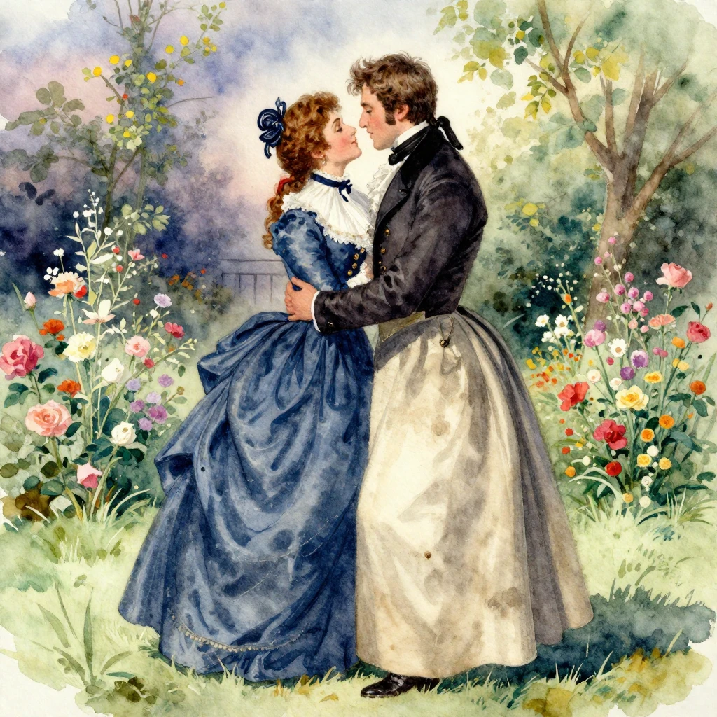 A vibrant watercolor painting of a couple in detailed 19th-c...