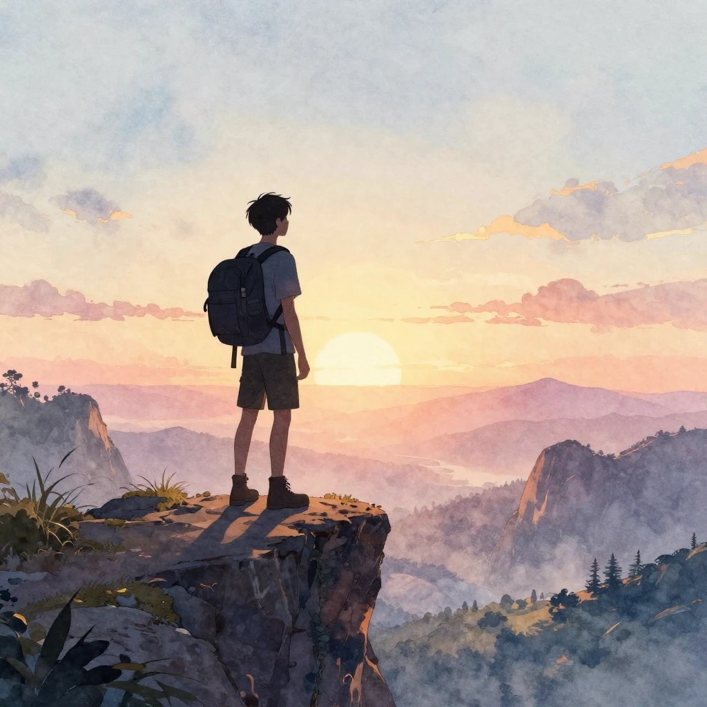 A silhouette of a young adventurer standing on a cliff overl...