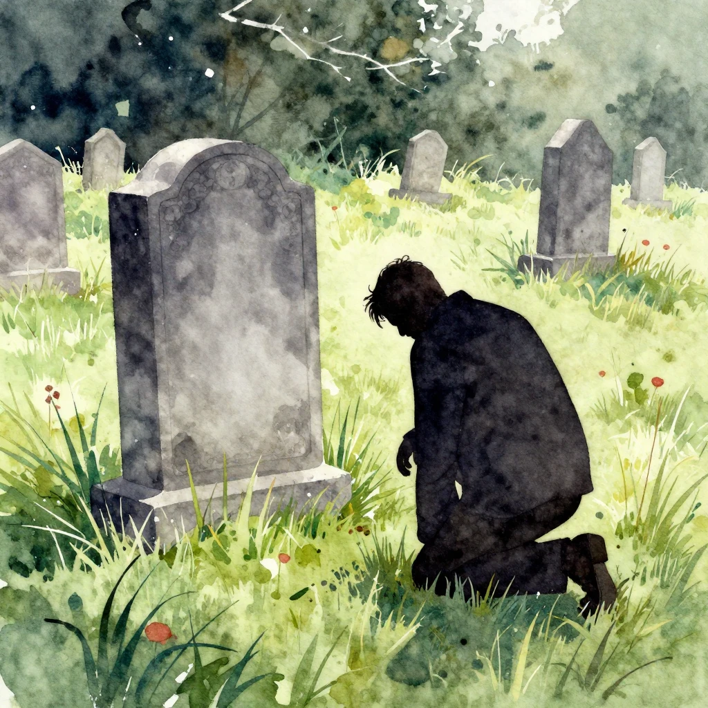 Vibrant watercolor style. Old cemetery, overgrown with grass...