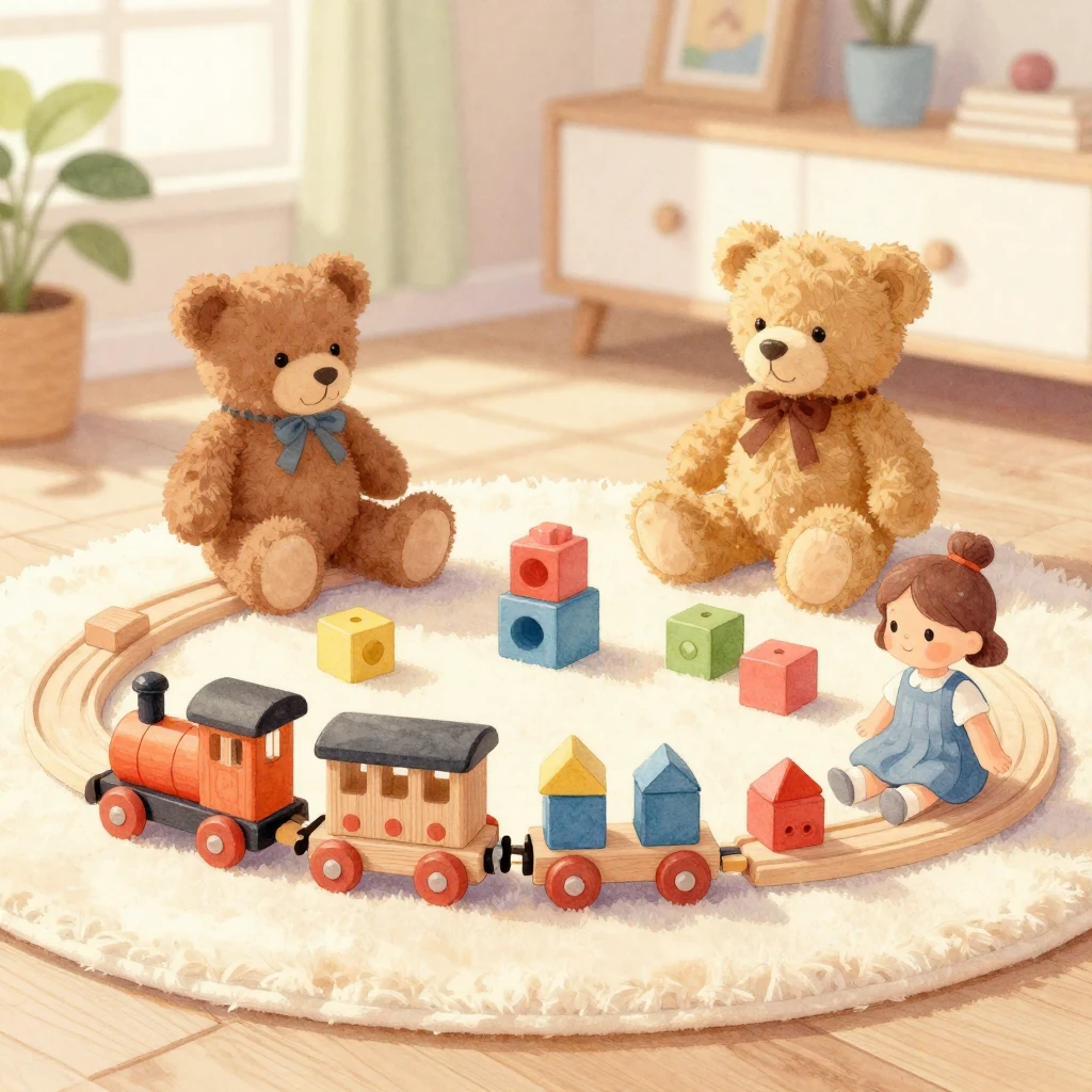 A collection of classic childhood toys, such as a wooden tra...