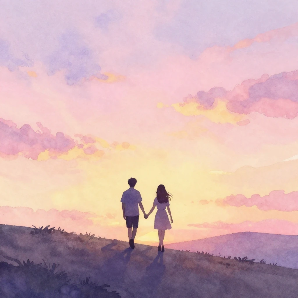 A soft watercolor painting depicting two figures as silhouet...