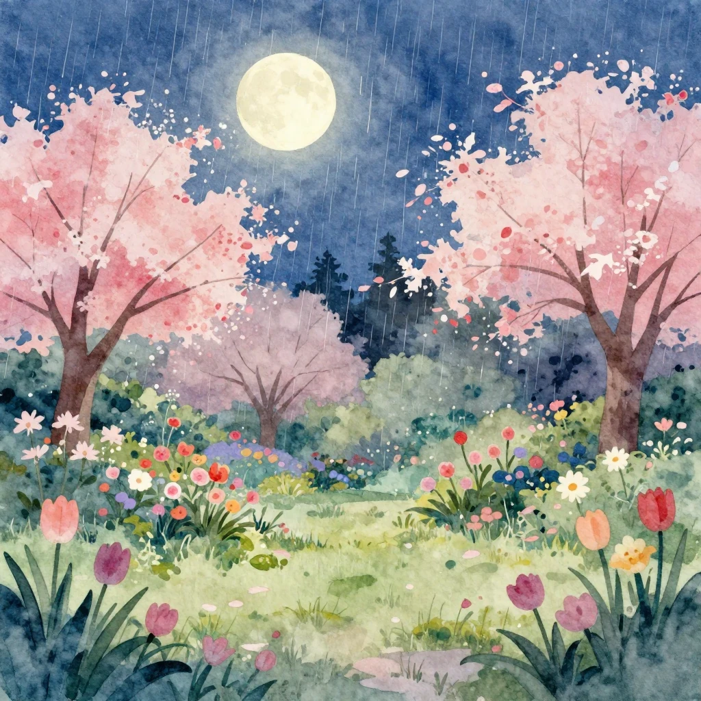 A dreamy watercolor illustration of a spring garden at night...