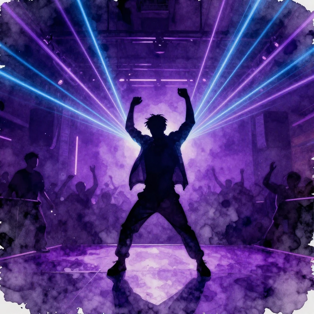 A silhouette of a man dancing alone in the center of a dark ...