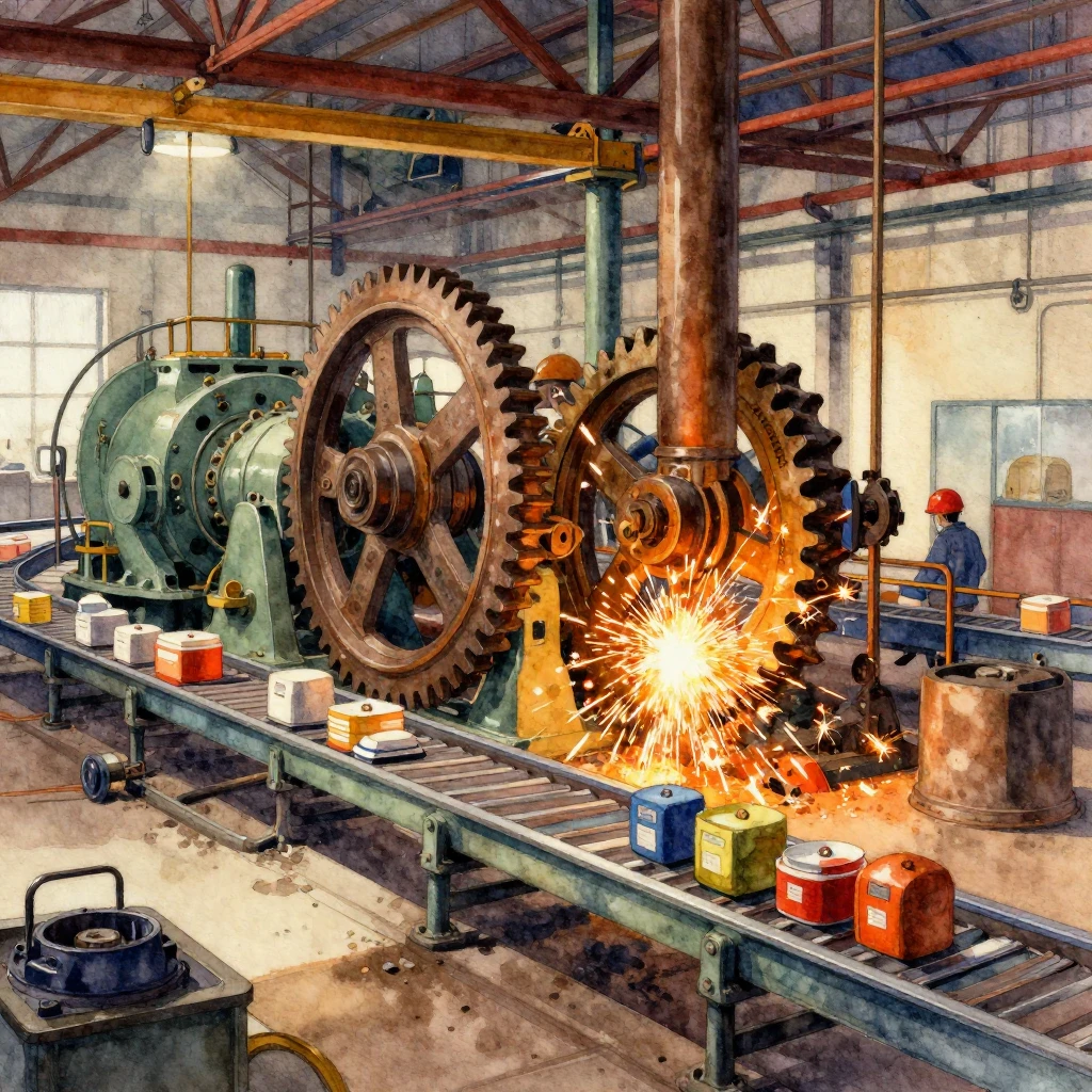 A vibrant watercolor painting illustrating intense industria...