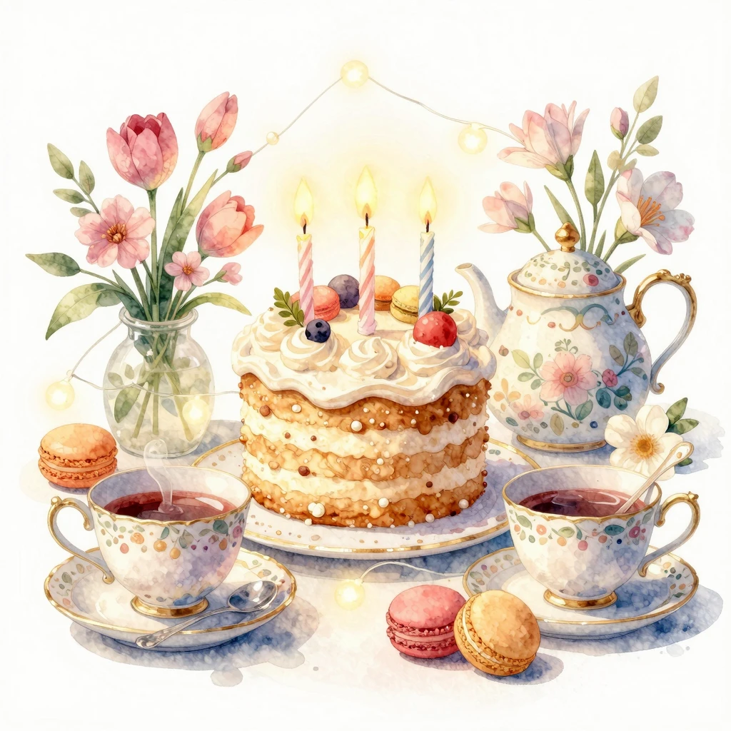 Watercolor artistic illustration of a delicate tea set with ...
